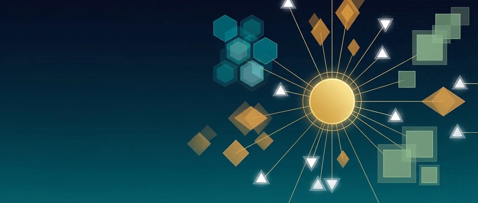 Abstract constellation map of connected audit objectives, risks, evidence, and findings
