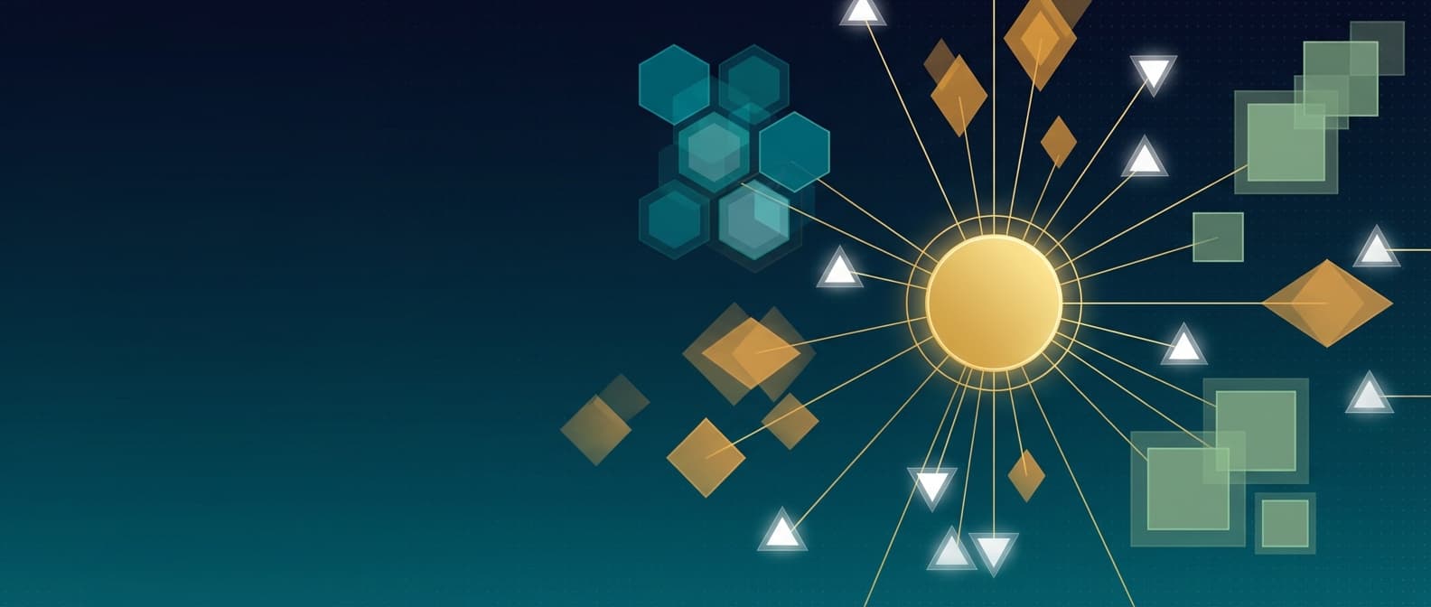 Abstract constellation map of connected audit objectives, risks, evidence, and findings
